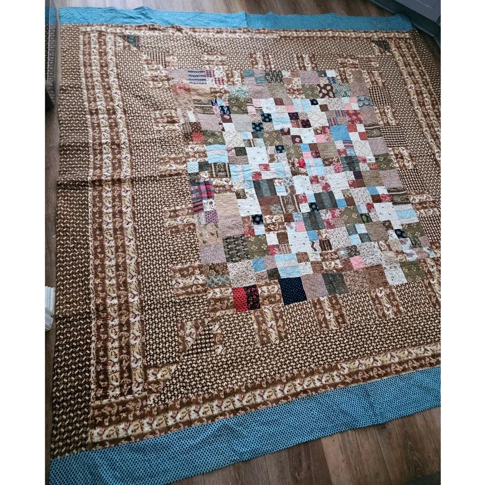 Handmade Patchwork Quilt Postage Stamp Brown Calico Floral Farmhouse 92x94 Vtg